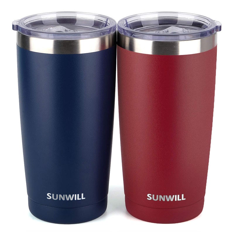 SUNWILL Travel Coffee Mug with Lid, 20 oz Tumbler Set of 2, Insulated Stainless Steel Cup for Water, Tea, Powder Coated Wine & Navy - Image 1